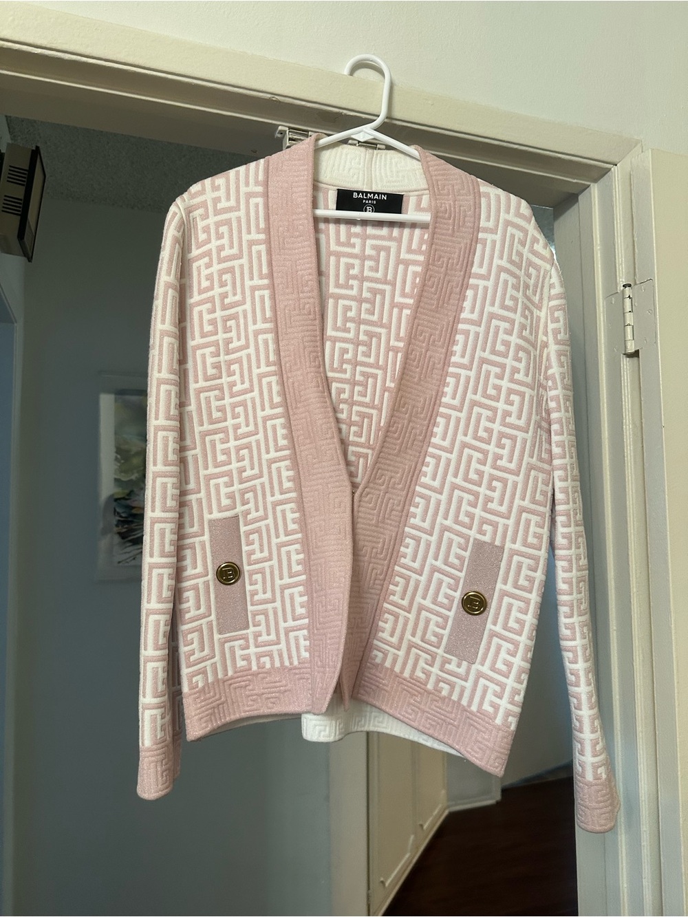 Balmain Pink & White Logo Jacquard Knit Cardigan with Gold Buttons